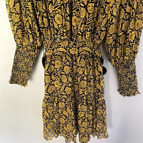 NICHOLAS Abbey Ruffled Printed Crepe Mini Dress In Mustard Yellow w/ Belt SZ 0 - Picture 13 of 16